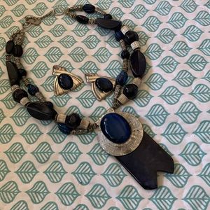 Blue and silver chunky boutique necklace and clip earrings